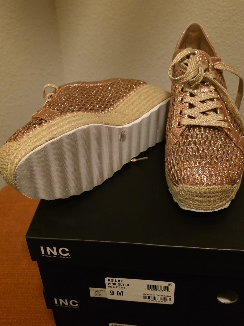 INC International Concepts Sparkling Rose Gold Platform Espadrille Sneakers